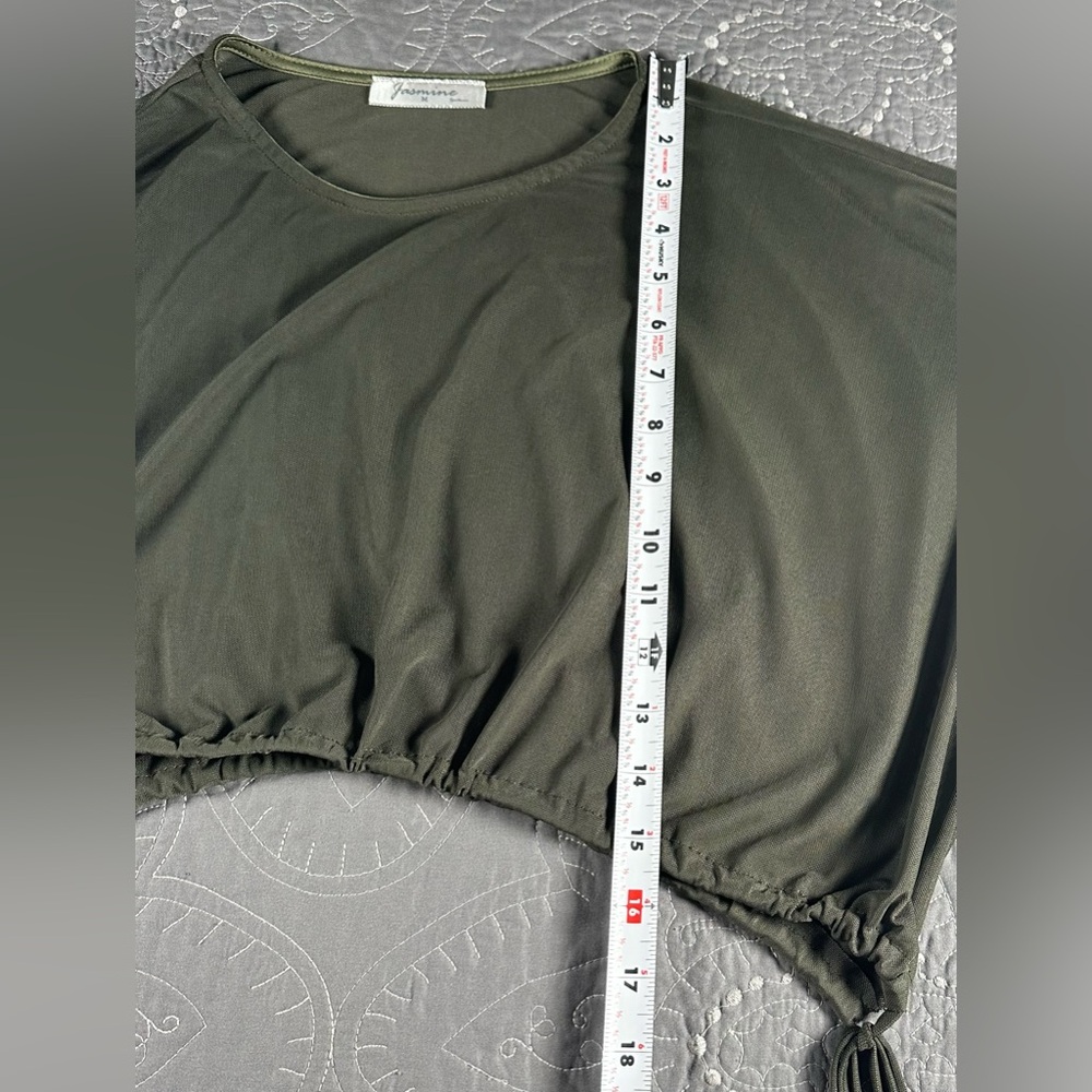 Jasmine Olive Green Sheer Mesh Long Sleeve Tie Crop Top Size Medium - Picture 4 of 9